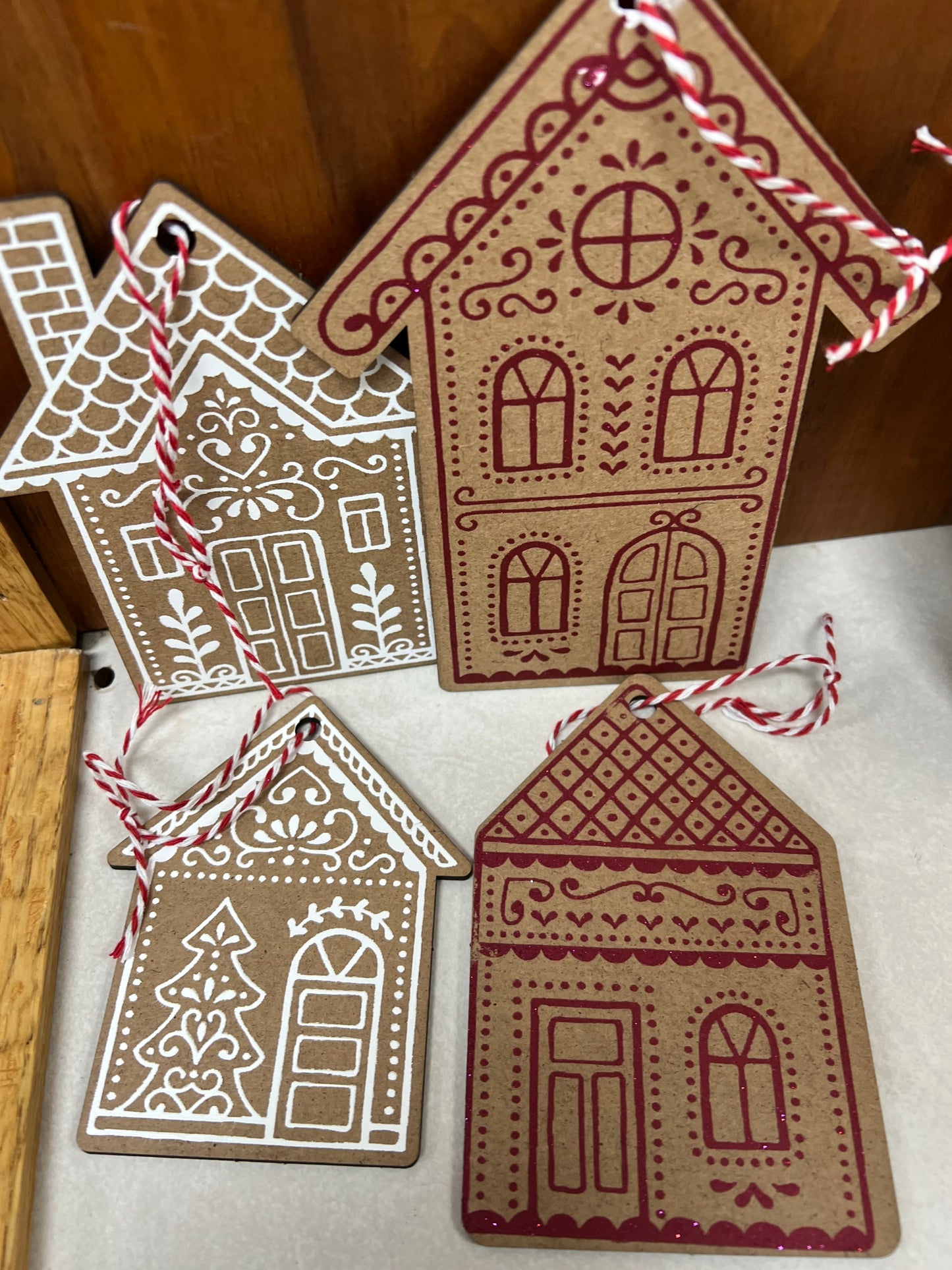 Set of 4 Gingerbread House Hanging Ornaments - Red and White