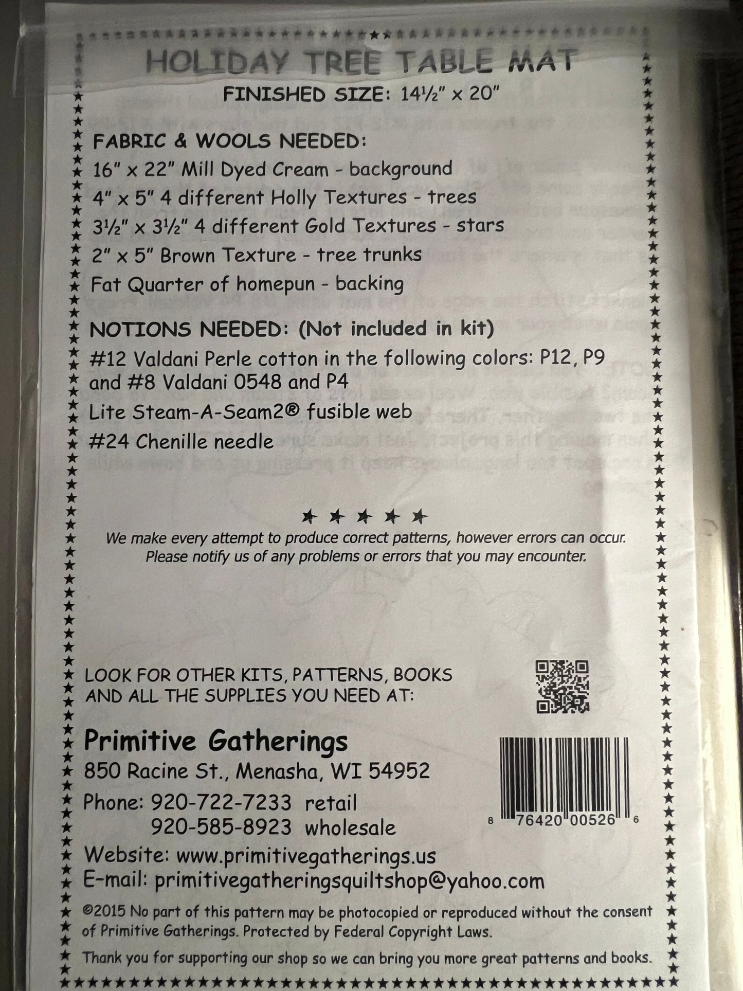 Primitive Gatherings Holiday Tree Table Mat Sewing Pattern