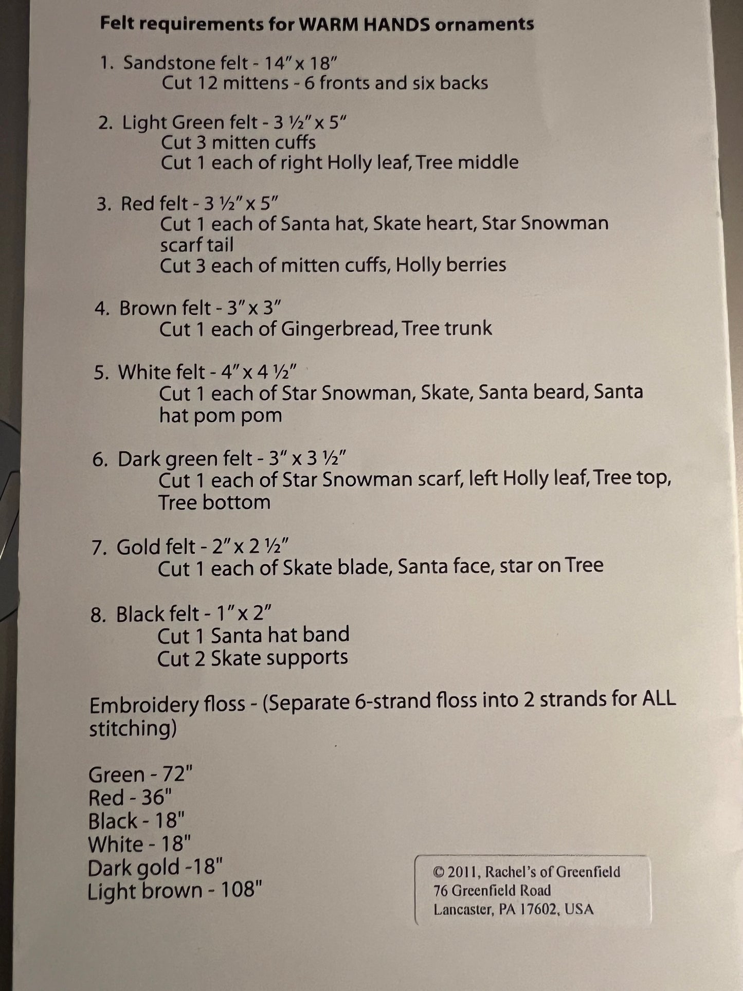 Warm Hands Pattern to Make Six Ornaments Sewing Pattern