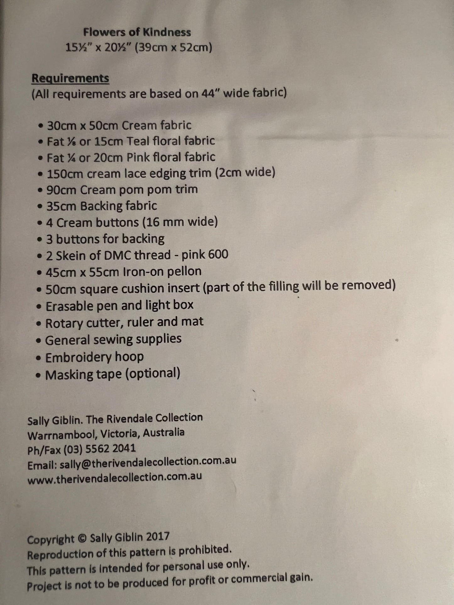 Flowers of Kindness by The Rivendale Collection Sewing Pattern