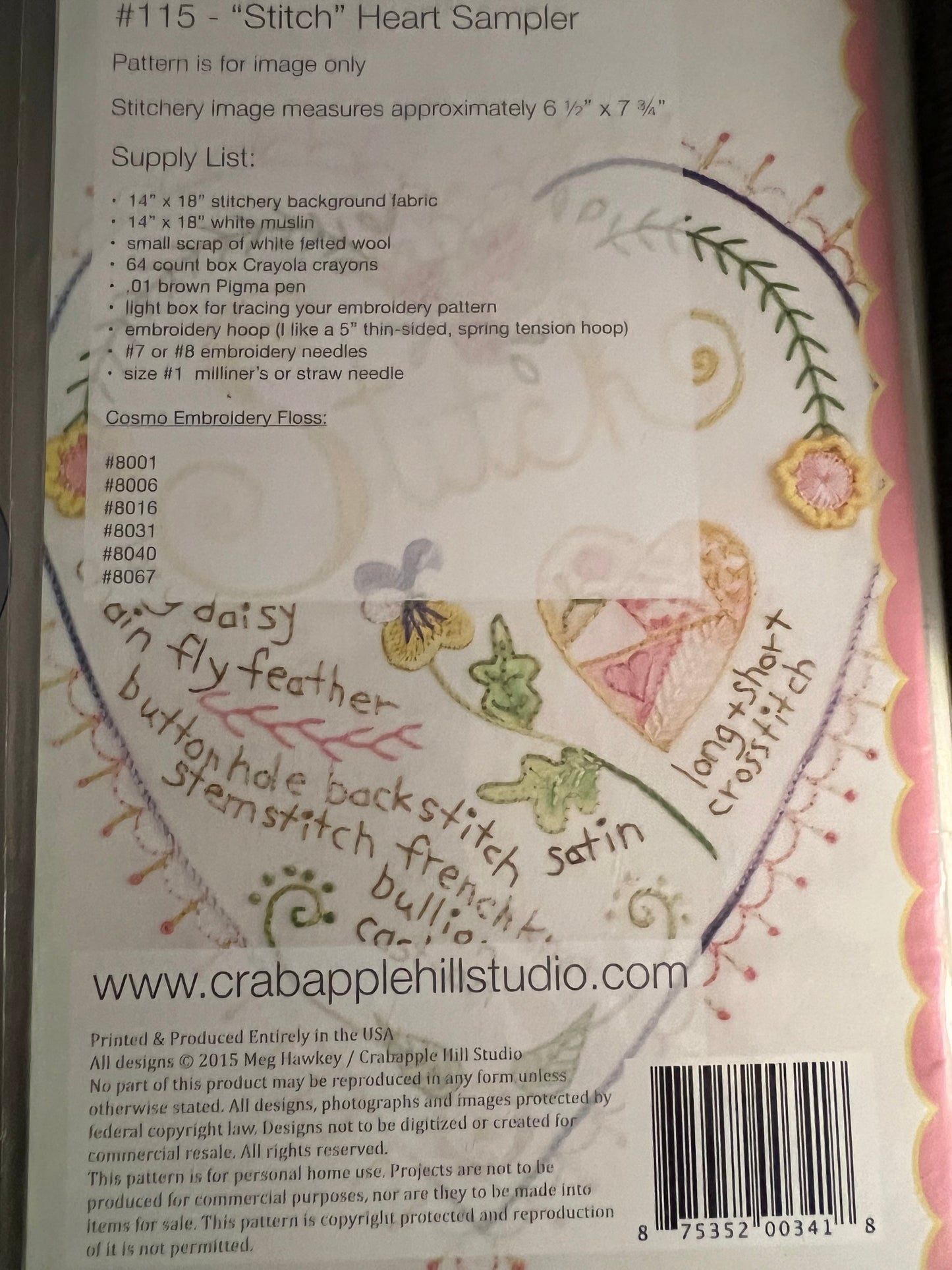 "Stitch" Heart Sampler by Crab-apple Hill Sewing Pattern