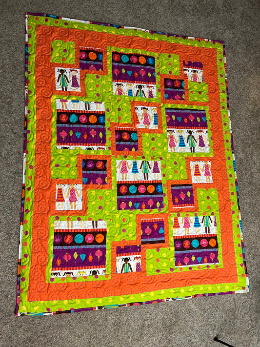 3 yard Easy Street Fun Girls with Green and Orange Dots