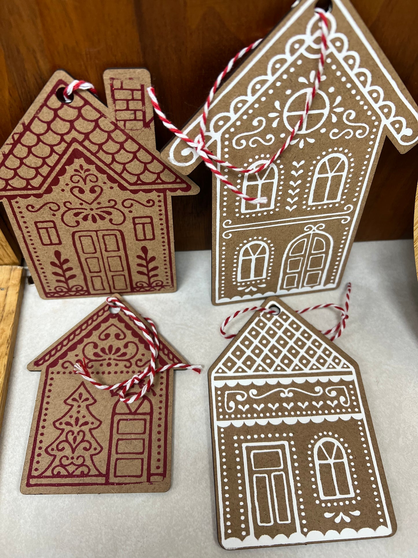 Set of 4 Gingerbread House Hanging Ornaments - Red and White