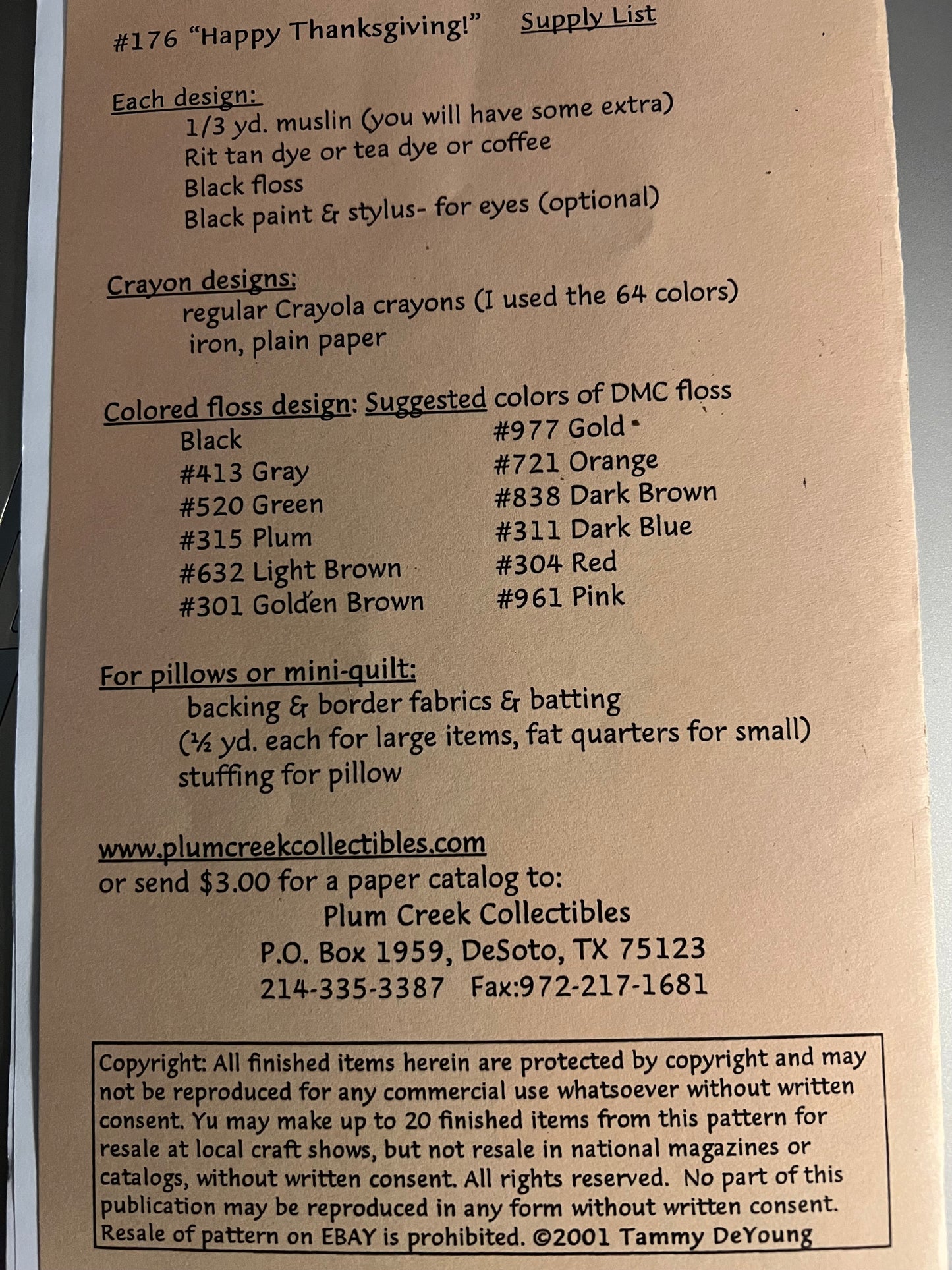 Happy Thanksgiving! by Plum Creek Collectibles Sewing Pattern