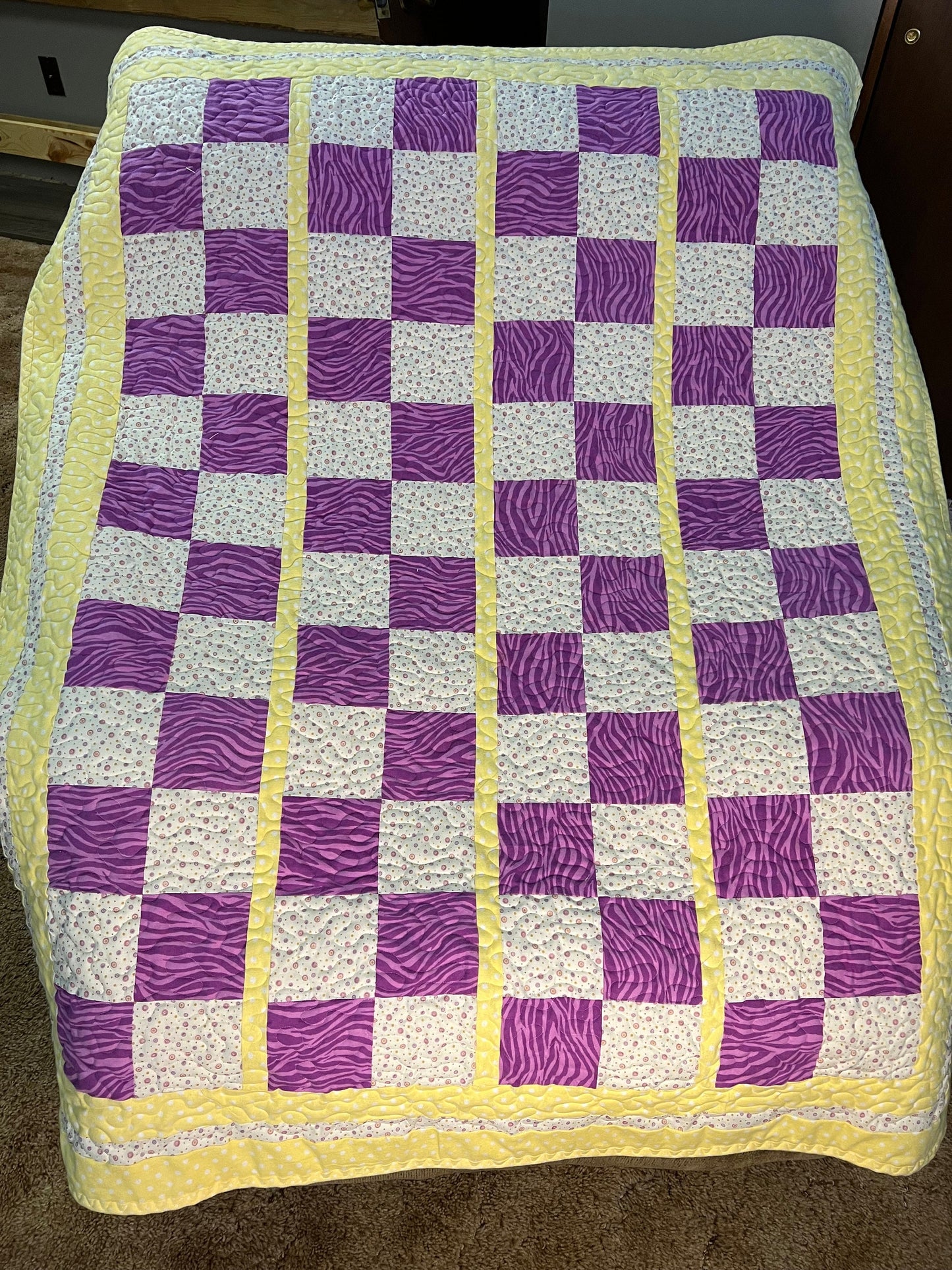 3 yard Skip To My Lou Purple and yellow quilt